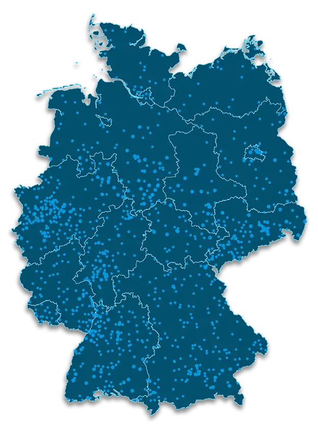 Illustration einer Karte von Deutschland mit farbig markierten Punkten der Servicestationen